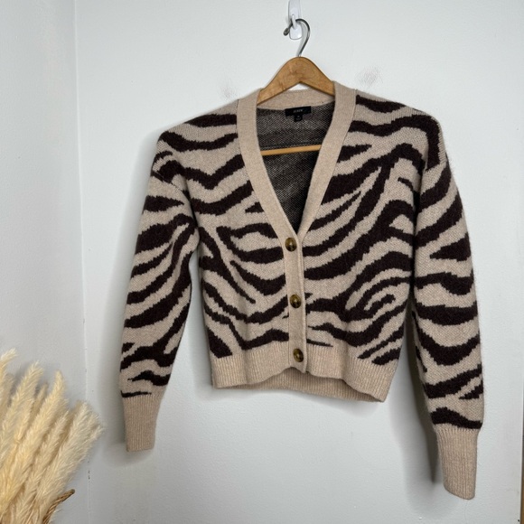 J. Crew Ribbed V-neck Wool Blend Zebra Stripe Knit Cardigan Size M Button Front - Picture 3 of 16